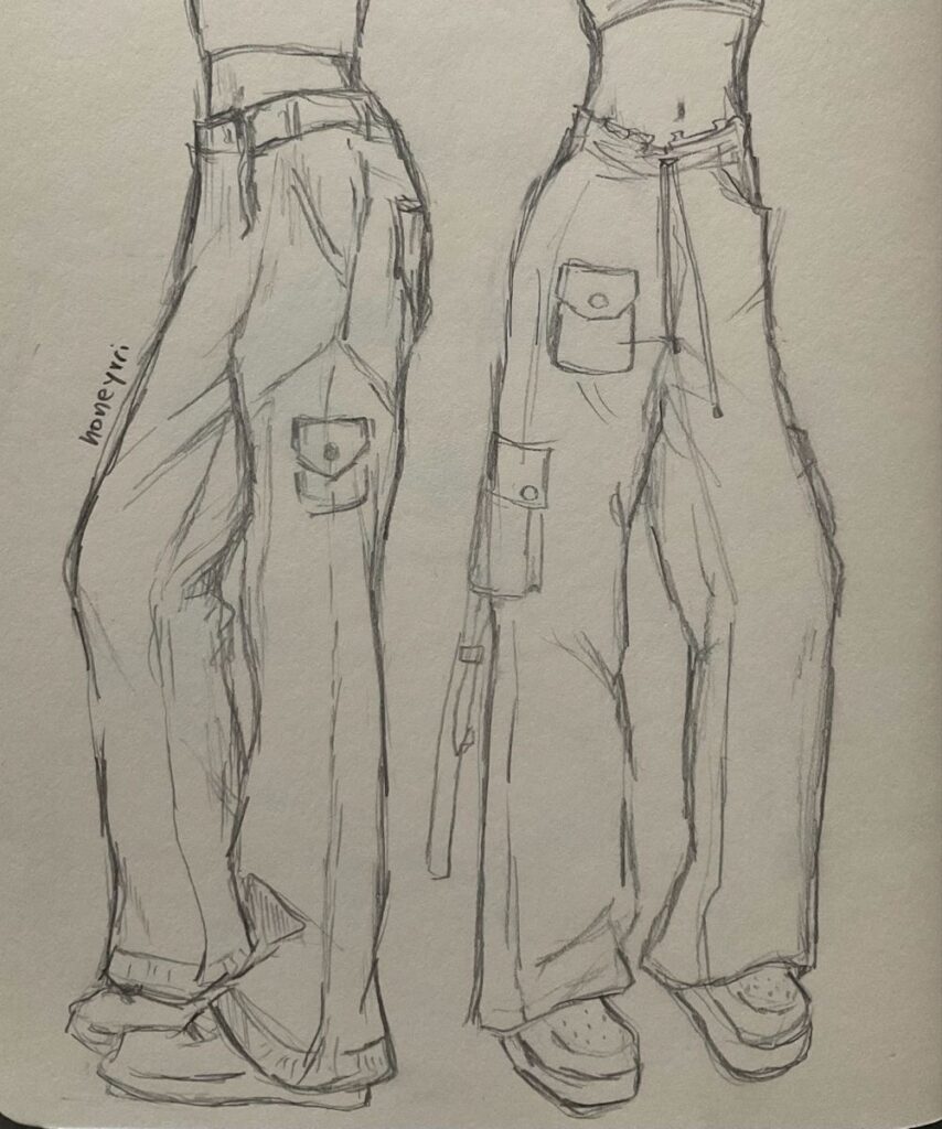 A drawing of two women wearing cargo pants.