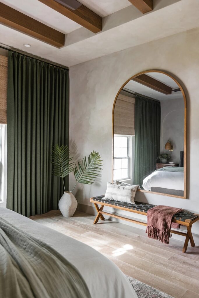 A bedroom with green curtains and a mirror.