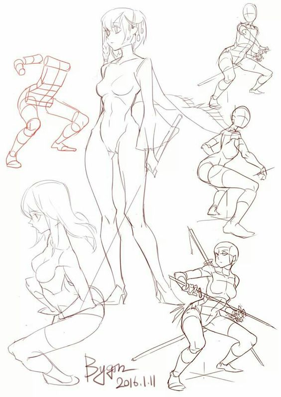 A series of drawings of a woman in various poses.
