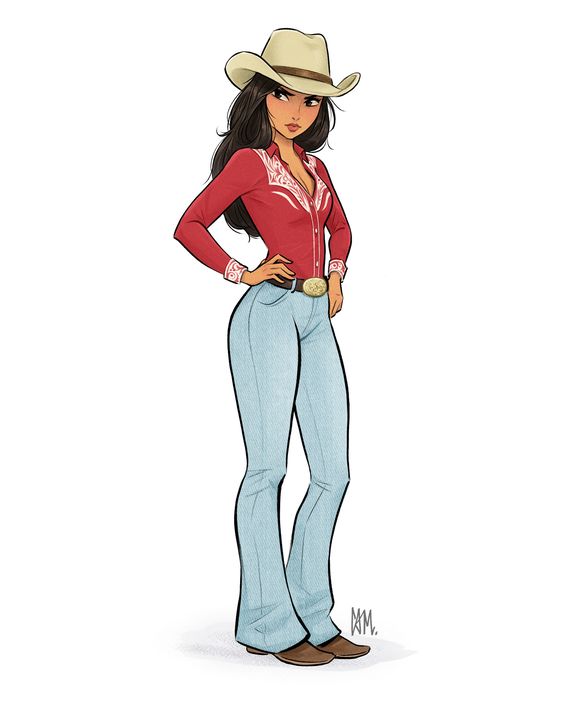 A cartoon of a woman in jeans and a cowboy hat.