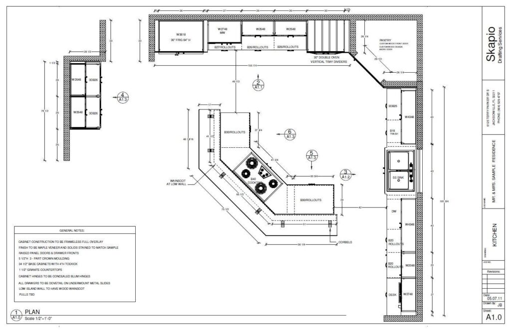A drawing of a kitchen floor plan.