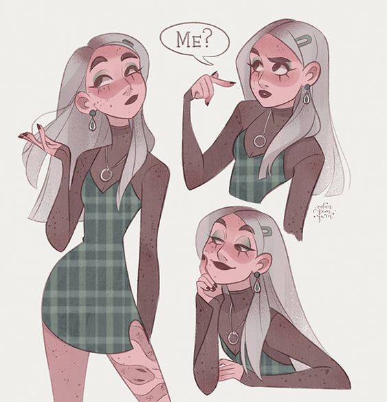 A series of drawings of a girl in a plaid dress.