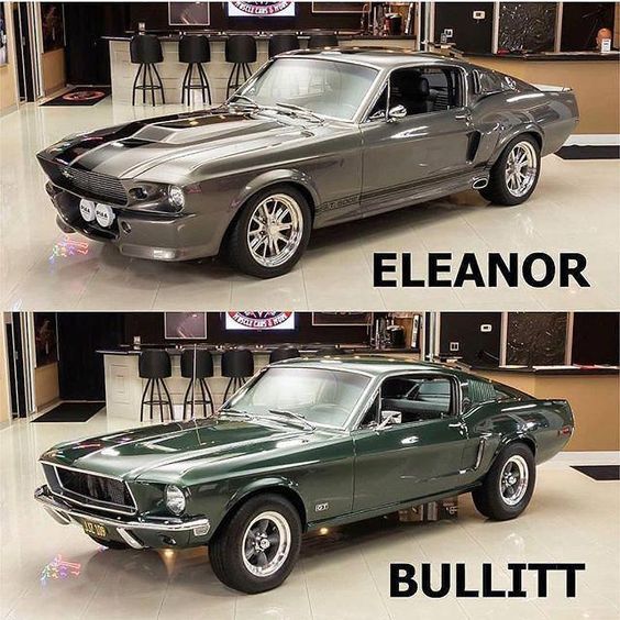 Two pictures of a mustang with the words eleanor and bullitt.