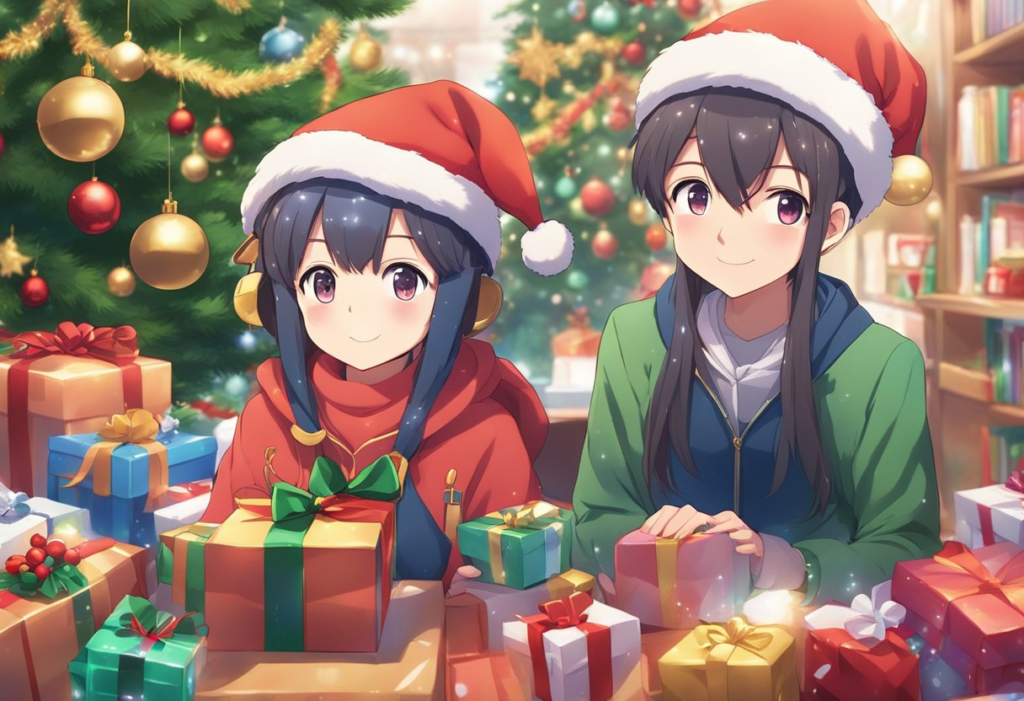 Two anime girls in santa hats sitting in front of a christmas tree.