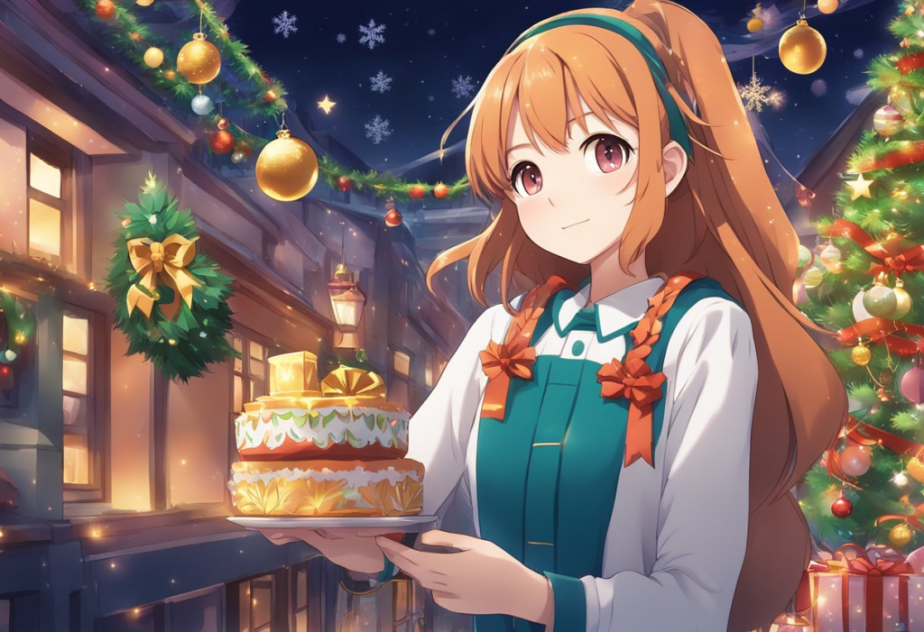 Anime girl holding a cake in front of a christmas tree.
