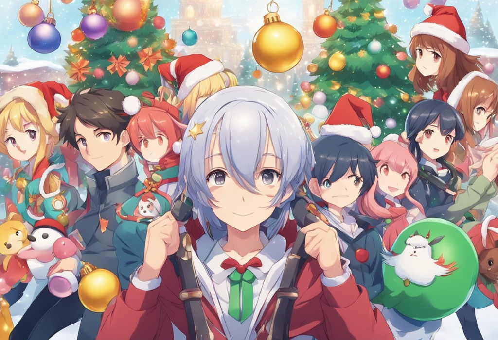 A group of anime characters in front of a christmas tree.