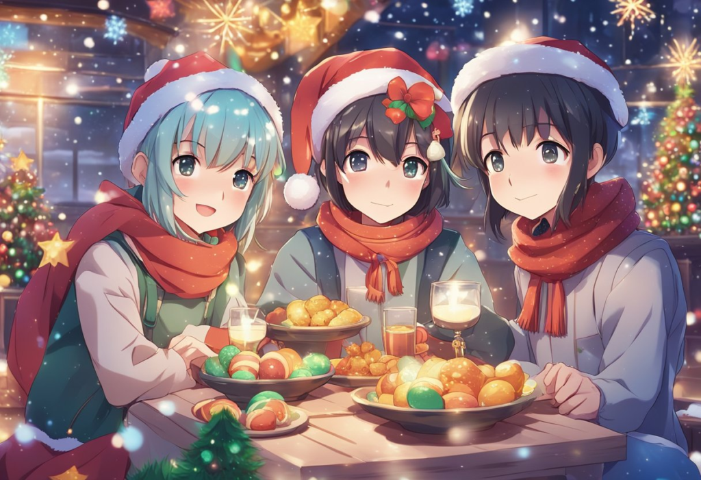 Three anime girls sitting at a table with christmas decorations.