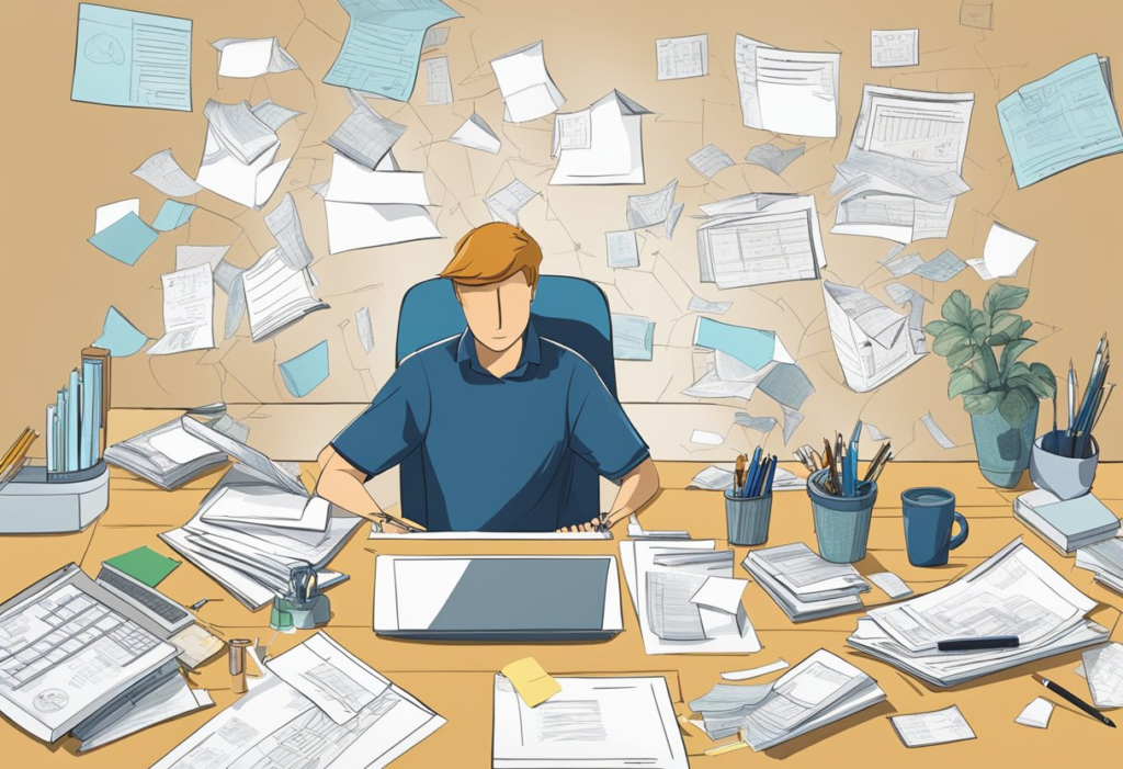 A man sitting at a desk with a lot of papers.