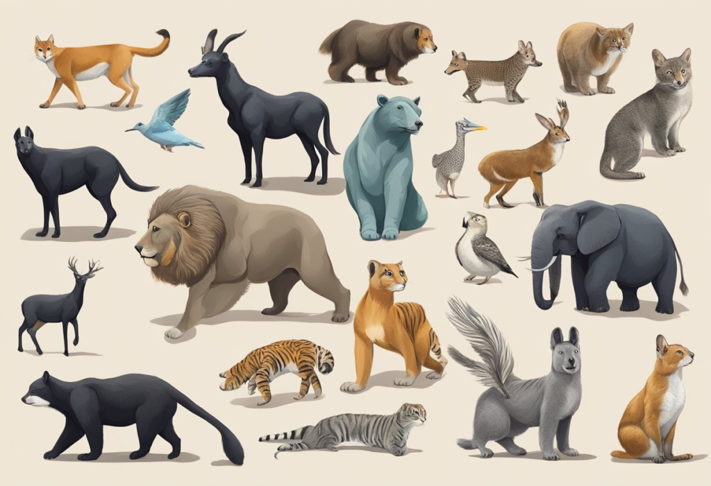 A set of different animals on a beige background.