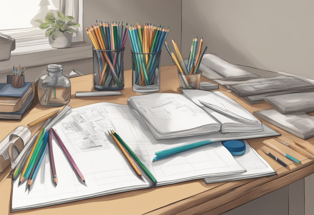 An illustration of a desk with pens, pencils, and a notebook.