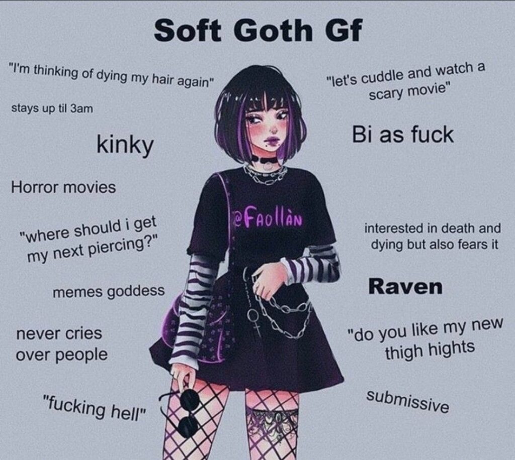 A girl in a black dress with the words soft goth fg.