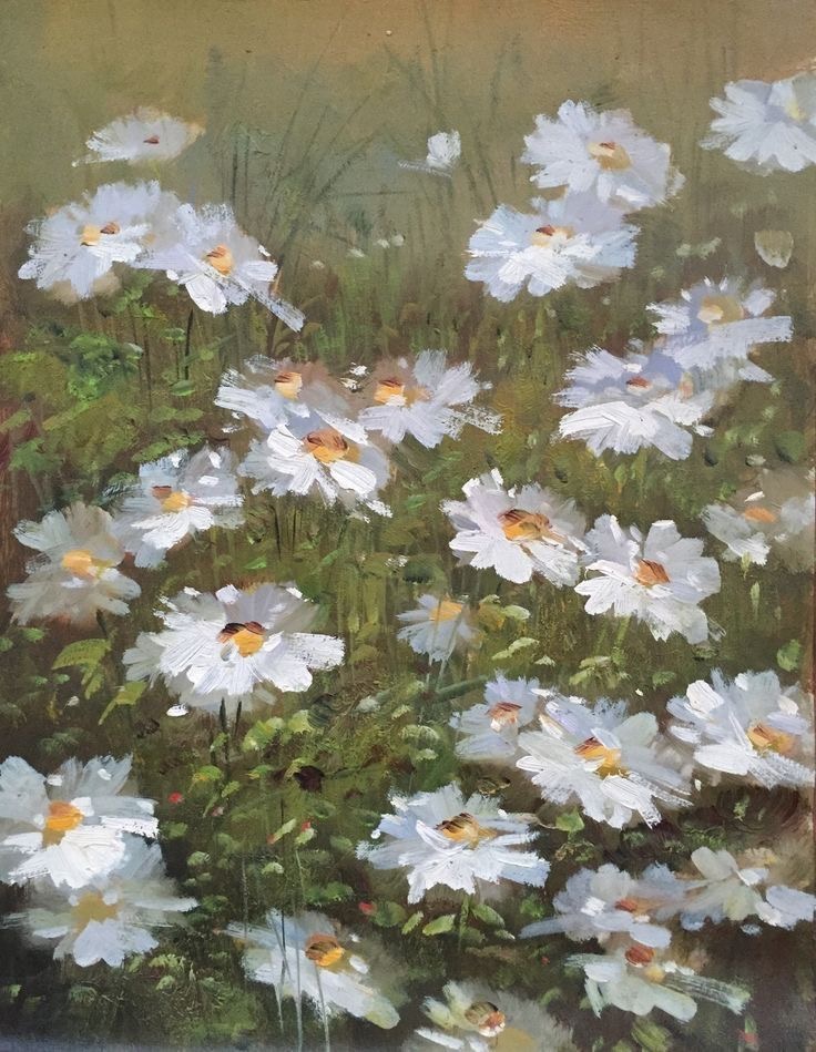 A painting of white daisies in a field.