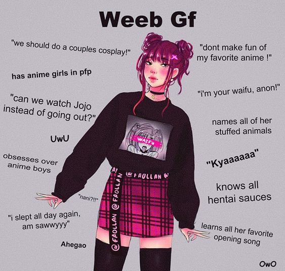 A girl wearing a black sweater and pink skirt with the words web gf.