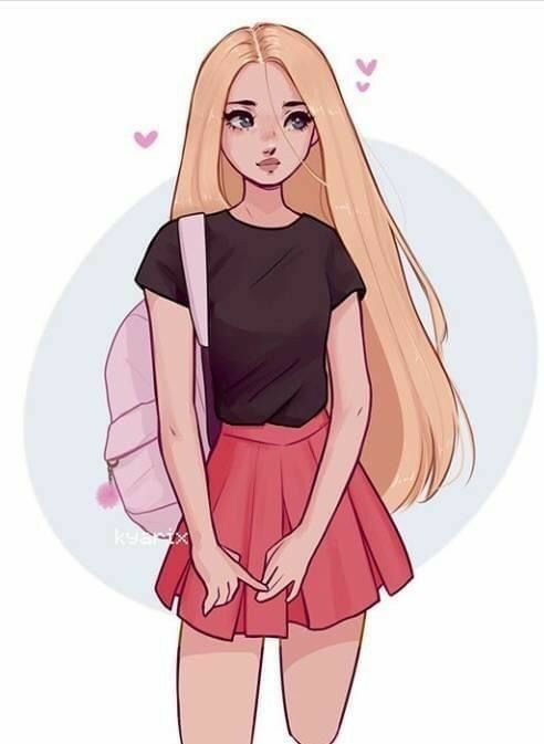 A girl with long blonde hair and a pink skirt holding a backpack.