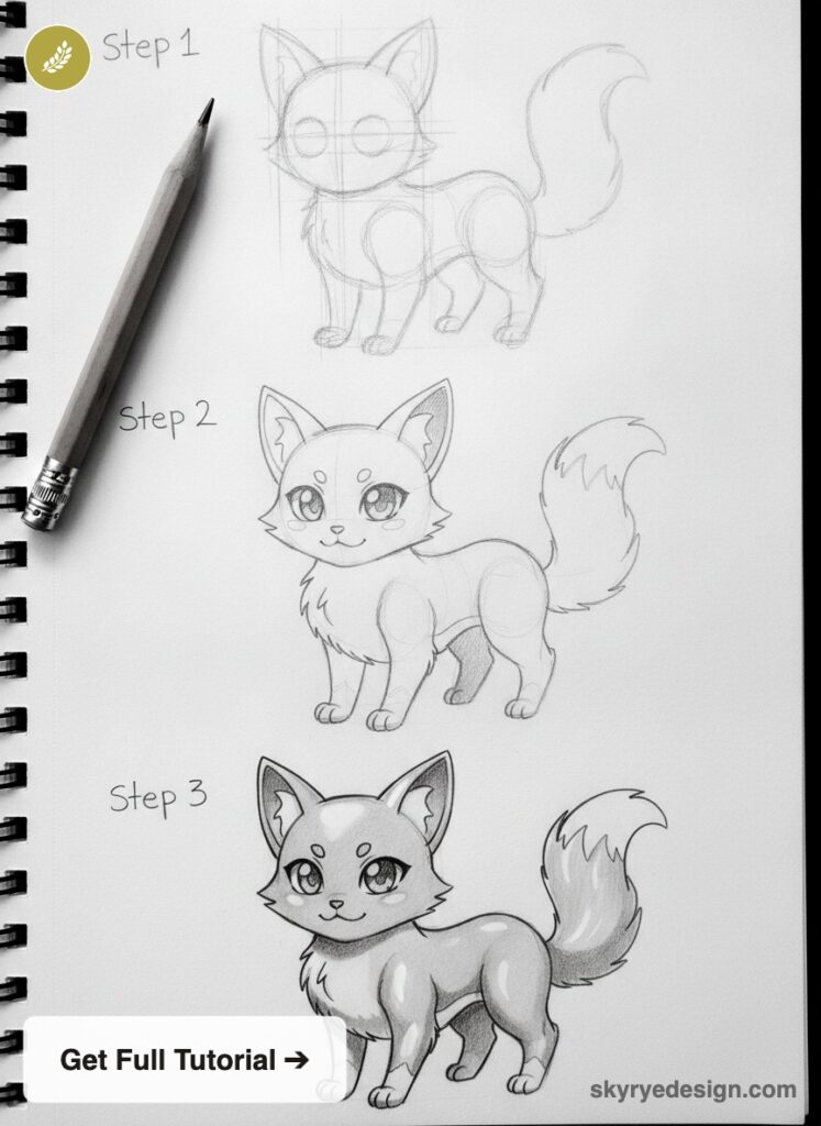 anime-tutorial-pet-cartoon Step-by-step pencil sketch tutorial of a cute chibi fox in a spiral sketchbook showing three stages (step 1-3). | Sky Rye Design Step-by-step pencil sketch tutorial of a cute chibi fox in a spiral sketchbook showing three stages (step 1-3).