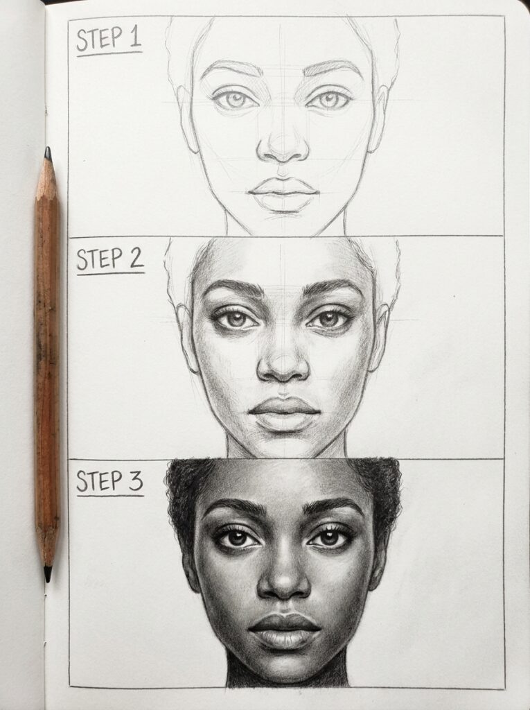 Pencil_drawing_tutorial_black_woman_202607081951 Three-step pencil portrait tutorial showing progression from basic sketch to fully shaded realistic female face | Sky Rye Design Three-step pencil portrait tutorial showing progression from basic sketch to fully shaded realistic female face