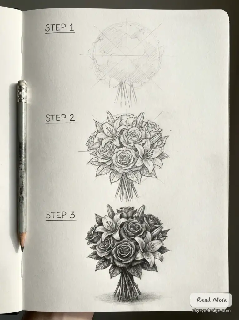 Pencil_drawing_tutorial_flower_b_202607081952 Three-step pencil sketch of a flower bouquet: Step 1 rough globe, Step 2 rose-and-lily bouquet, Step 3 finished shaded bouquet with tied stems. | Sky Rye Design Step-by-step pencil sketch bouquet tutorial: outline, refined linework, and shaded realistic floral drawing.