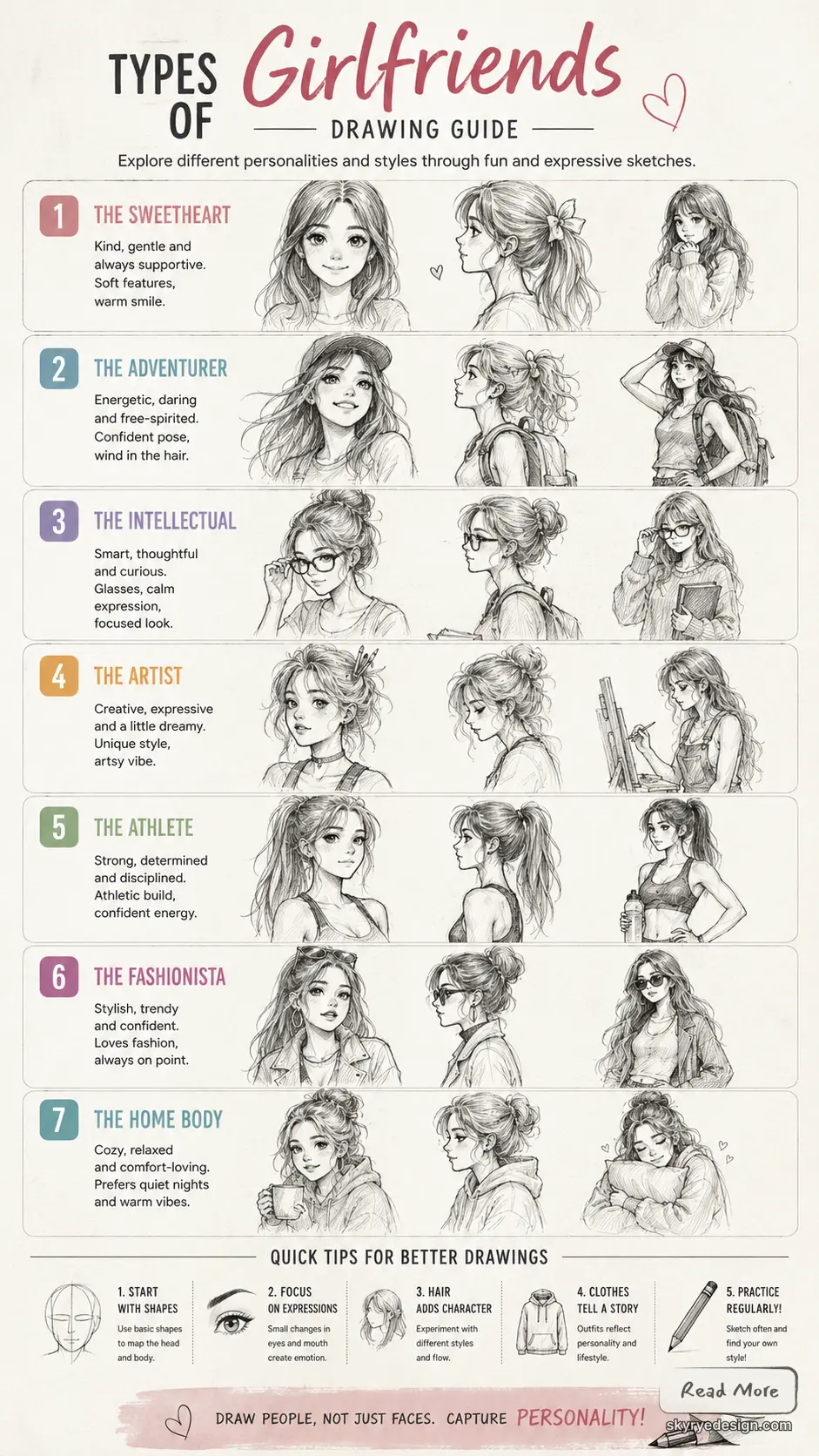 8ef475a7-47e7-4372-9200-c090c2cd54ac Types of Girlfriends drawing guide: illustrated sketches and labels for seven character styles from Sweetheart to Homebody | Sky Rye Design Types of Girlfriends drawing guide: illustrated sketches and labels for seven character styles from Sweetheart to Homebody