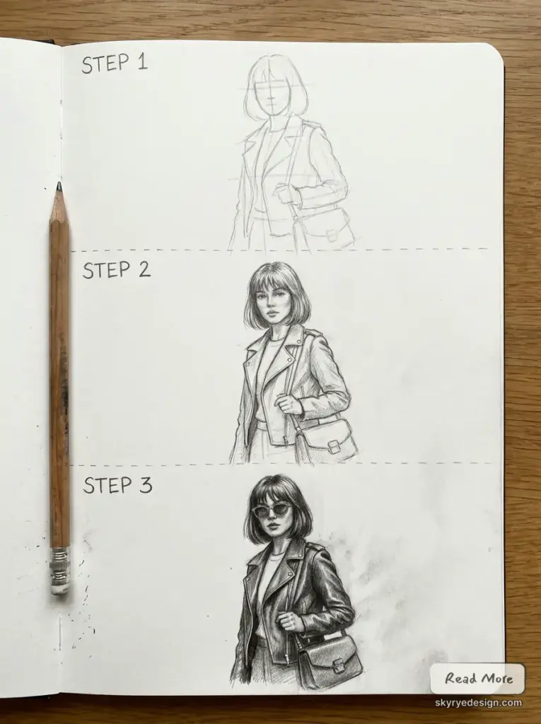 Pencil_drawing_tutorial_girlfriend_202607081955 Three-step pencil sketch tutorial of a woman with a bob haircut, leather jacket and shoulder bag in a sketchbook | Sky Rye Design Three-step pencil sketch tutorial of a woman with a bob haircut, leather jacket and shoulder bag in a sketchbook