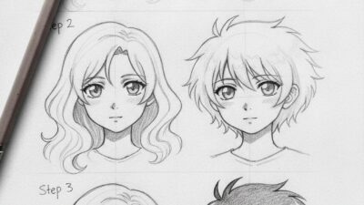 Step-by-step pencil manga/anime face drawing tutorial: progressive female and male sketch stages with pencil.
