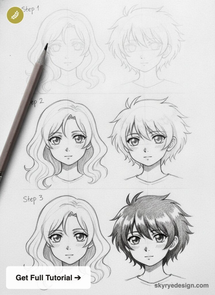 anime-tutorial-two-anime-girls-with-different-hair-styles Step-by-step pencil manga/anime face drawing tutorial: progressive female and male sketch stages with pencil. | Sky Rye Design Step-by-step pencil manga/anime face drawing tutorial: progressive female and male sketch stages with pencil.