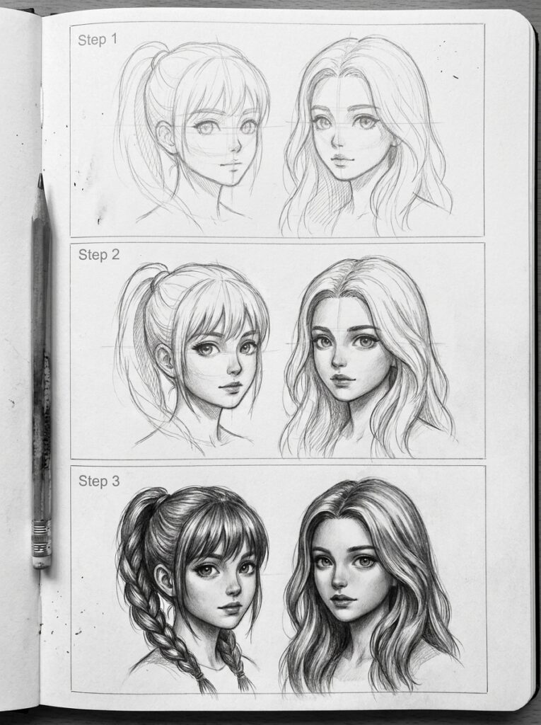 Pencil_drawing_tutorial_anime_girls_202607081950 Pencil sketch tutorial page showing three-step progression of two female portraits from rough outlines to detailed shading | Sky Rye Design Pencil sketch tutorial page showing three-step progression of two female portraits from rough outlines to detailed shading
