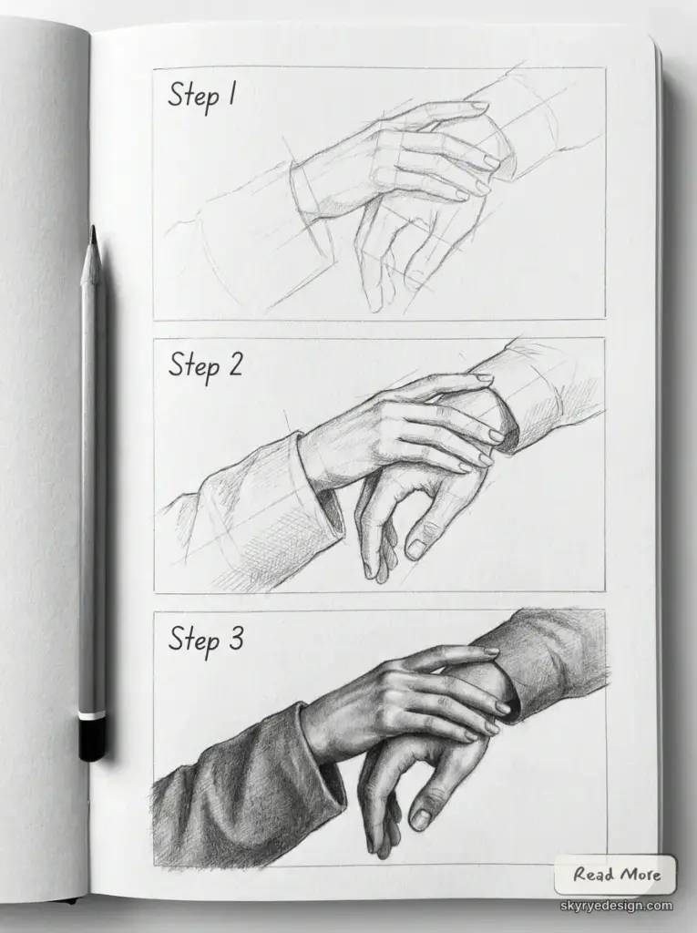 Pencil_drawing_tutorial_steps_202607081948 Three-panel sketch showing a step-by-step hand-holding: Step 1—fingers intertwined; Step 2—one hand grips the other at the wrist; Step 3—hands clasped together. | Sky Rye Design Three-panel sketch showing a step-by-step hand-holding: Step 1—fingers intertwined; Step 2—one hand grips the other at the wrist; Step 3—hands clasped together.