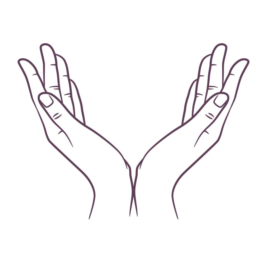 Line drawing of two open hands with palms facing upwards.