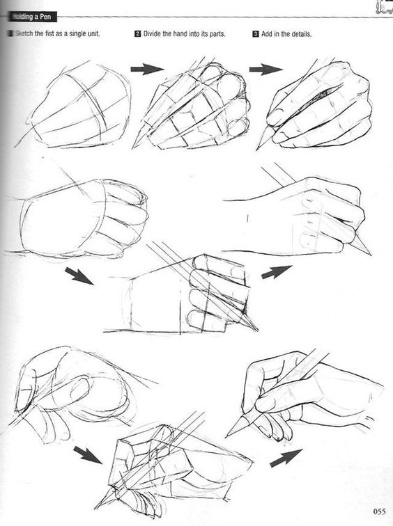 Step-by-step illustrations showing the process of drawing a hand in various positions using a pen.