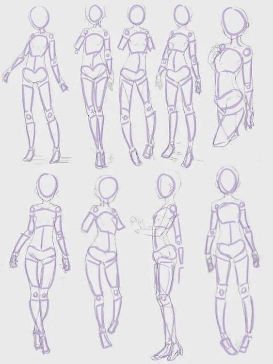 Sketches of a humanoid figure in various poses, demonstrating an understanding of human anatomy and movement in art.