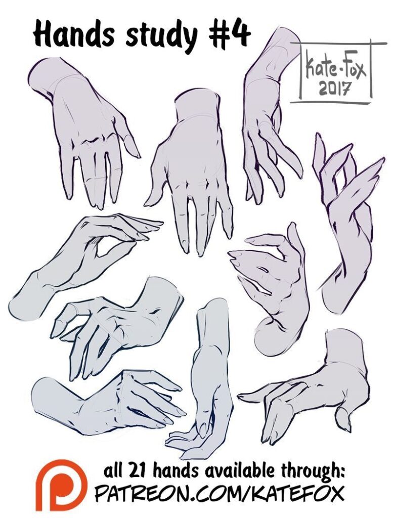 Illustration of various hand poses for artistic study by an artist known as kate fox, available via patreon.