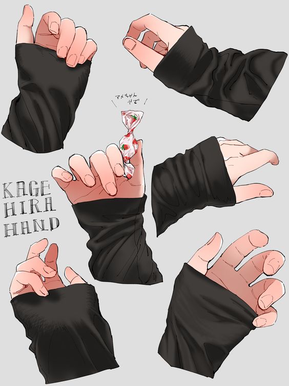 Illustrations of a hand in various positions, wearing a black sleeve with loose, flowing fabric.
