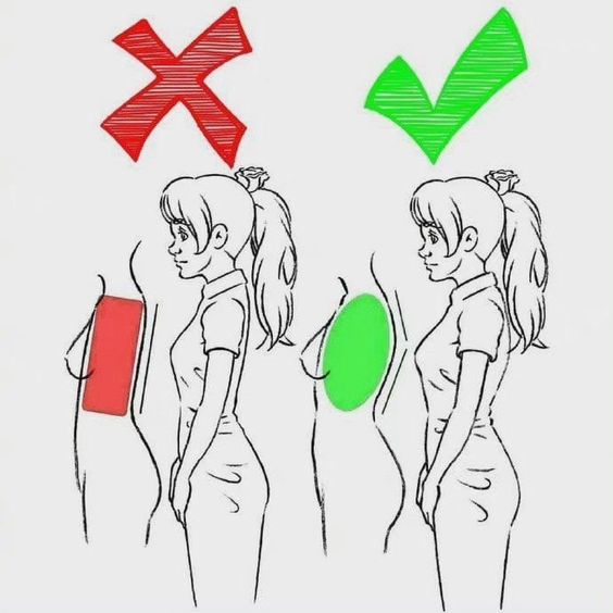 Correct and incorrect posture for carrying a backpack demonstrated by illustrations.