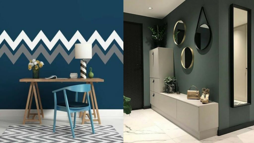 Modern interior design comparison featuring a home office space with a zigzag wall pattern on the left, and an elegant bathroom with circular mirrors on the right.