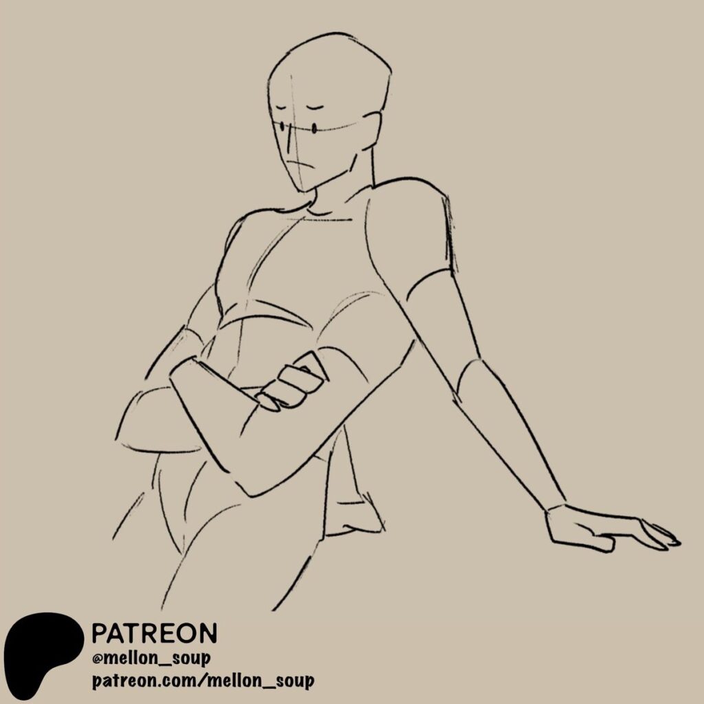 Sketch of a humanoid figure in a relaxed pose with one arm across the torso.