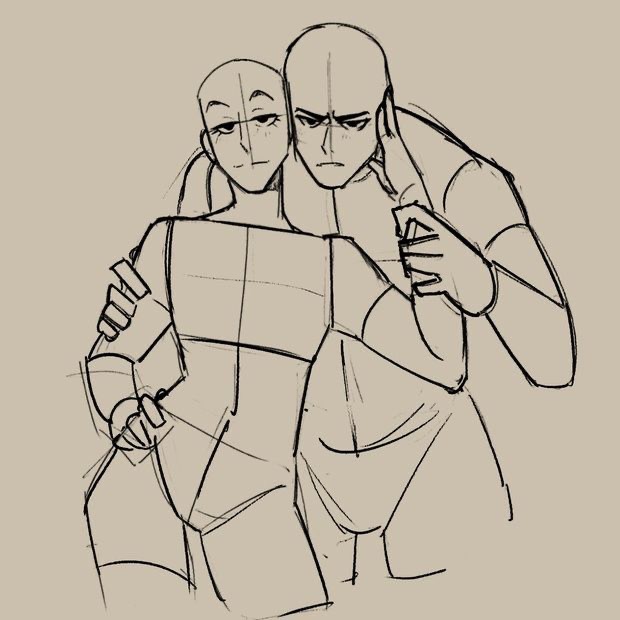 Sketch of two characters embracing, with one character resting their head on the other's shoulder.