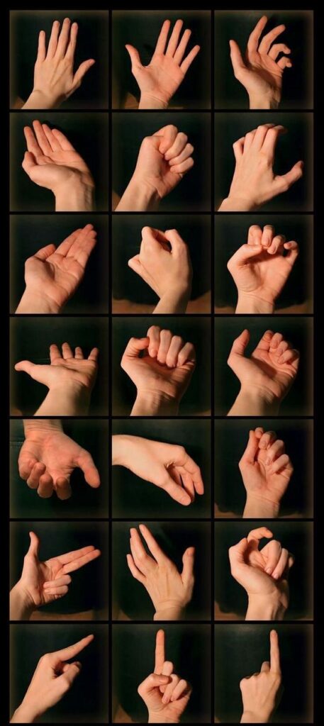 A collage of multiple images showing a variety of hand signs and gestures against a dark background.