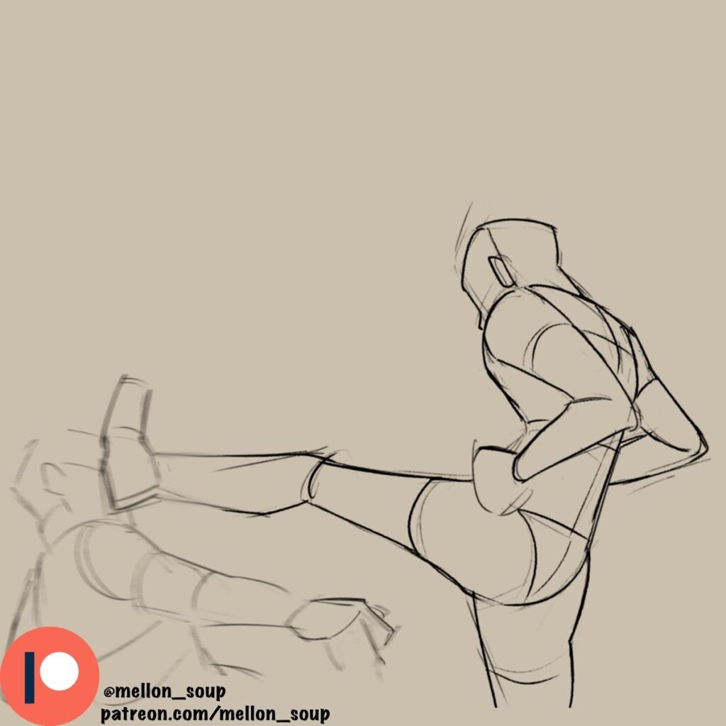 A sketch of a figure in motion, possibly dancing or performing martial arts, with dynamic lines suggesting movement.