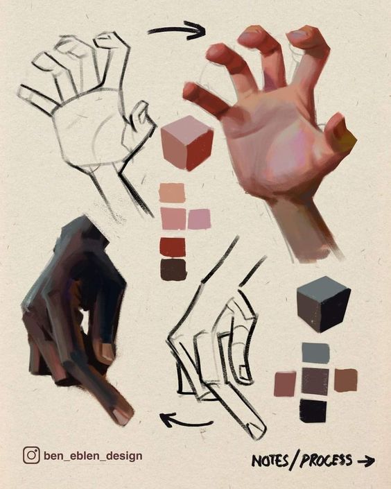 Artistic study of hand poses and color palettes, demonstrating drawing process and technique.