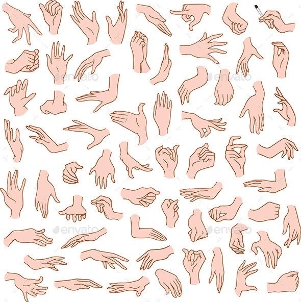 Collection of hand illustrations in various positions and gestures.