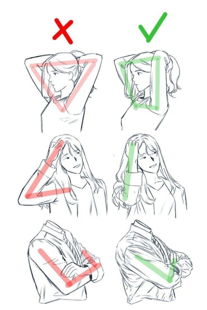 Illustration of correct and incorrect postures for neck and arm stretches.