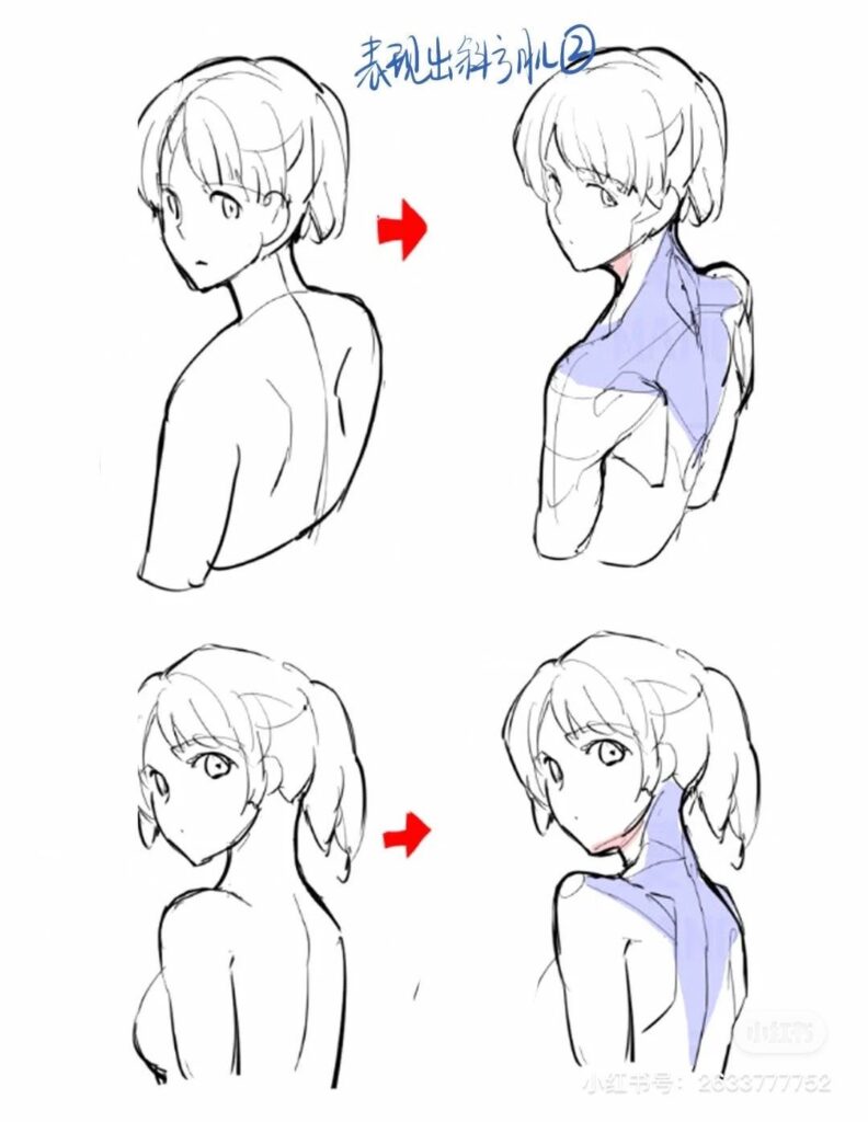 A step-by-step tutorial showing how to draw a female character's head and shoulders with and without a cape from a side profile view.