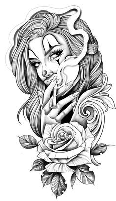 Black and white illustration of a stylized woman with flowing hair, holding a rose, with intricate patterns and a moon shape behind her.