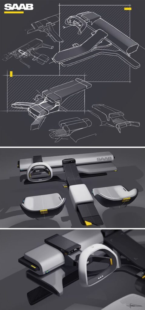 Conceptual design stages of a futuristic saab aircraft, featuring wireframe sketches and realistic 3d models in grayscale with yellow accents.