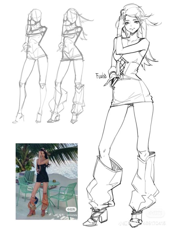 Character design sketches of a fashionable female figure in various poses alongside a photograph of a smiling woman standing outdoors near palm trees.
