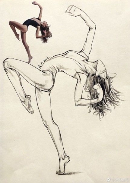 A female dancer bends backward in midair, mirroring a sketched drawing of a similar pose on paper, blending reality with art.