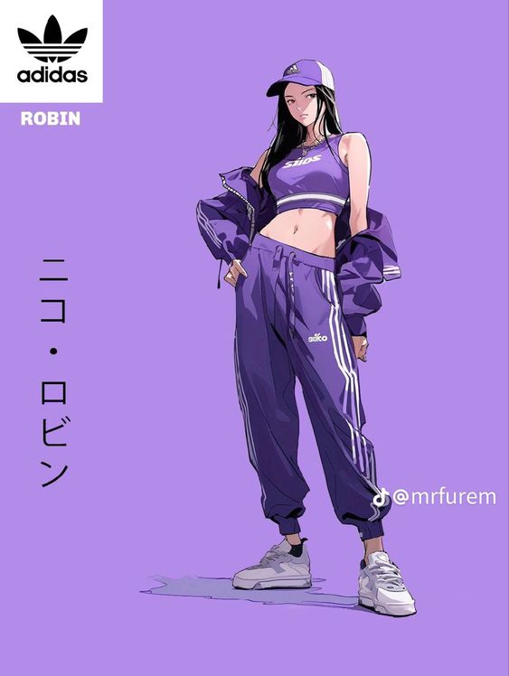 Illustration of a stylish woman in adidas sportswear, featuring a purple crop top and joggers, accessorized with a cap and sneakers.