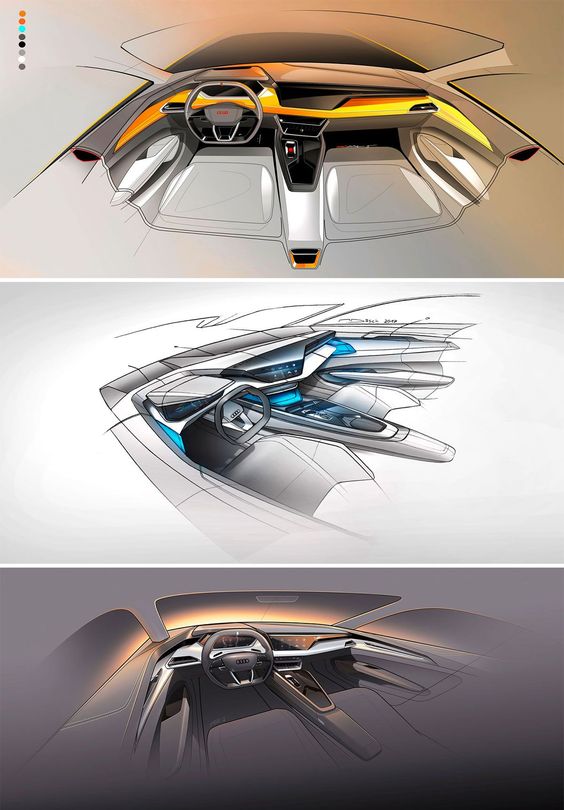 Three concept sketches of a futuristic car interior featuring a sleek, modern dashboard and steering design with vibrant yellow accents.