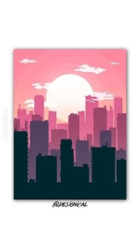 A digital illustration of a city skyline at sunset with large sun and clouds in the background, predominately in shades of pink and purple.
