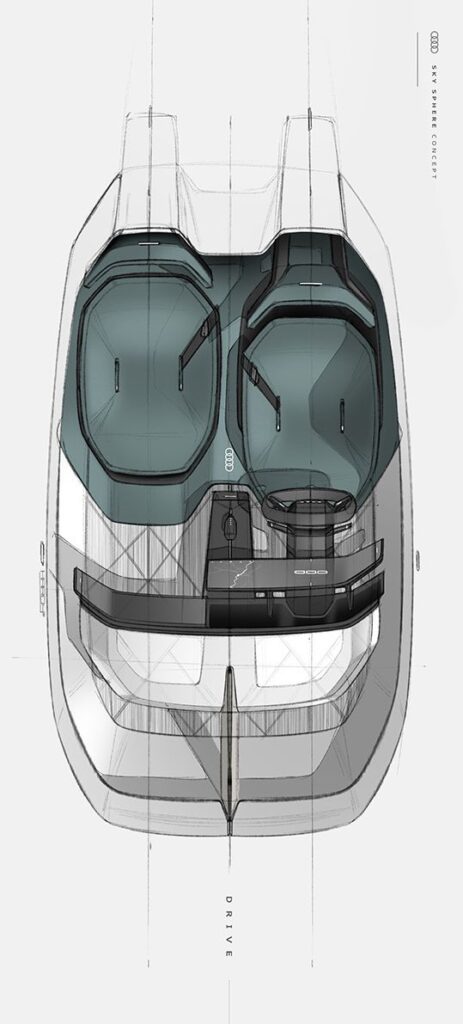 Technical illustration of a car's top view showing the interior layout including seats and dashboard, designed in a transparent, wireframe style.